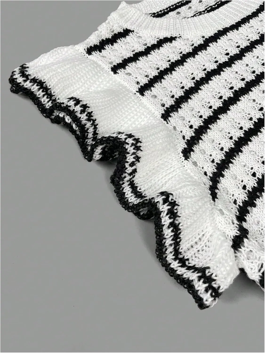 MakeMeChic Women's Striped Crochet Vest Top Flutter Sleeve Knitted Summer Vests