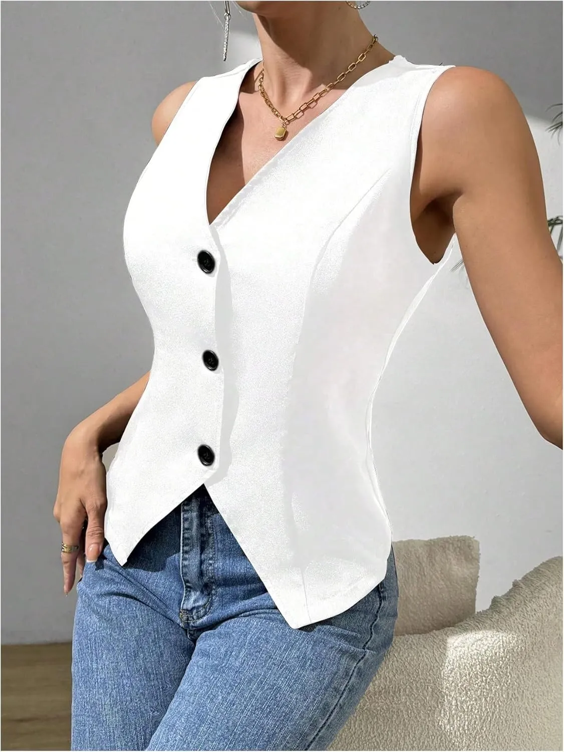 MakeMeChic Women's Suit Vest Top Sleeveless V Neck Blazer Vest Waistcoat