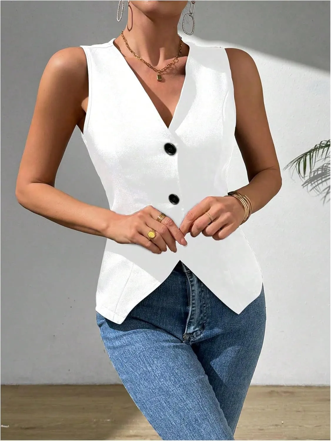 MakeMeChic Women's Suit Vest Top Sleeveless V Neck Blazer Vest Waistcoat