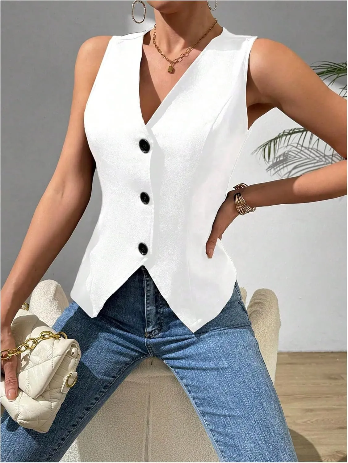MakeMeChic Women's Suit Vest Top Sleeveless V Neck Blazer Vest Waistcoat