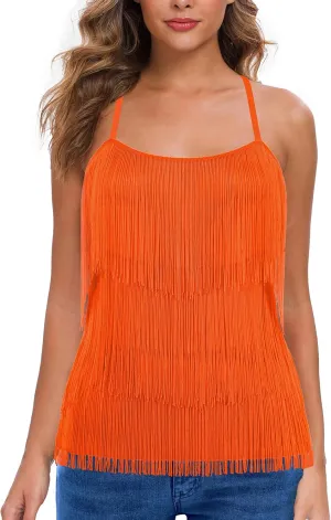 MANER Womens Fringe Top Tassel Trim Cami Spaghetti Strap Tank Tops