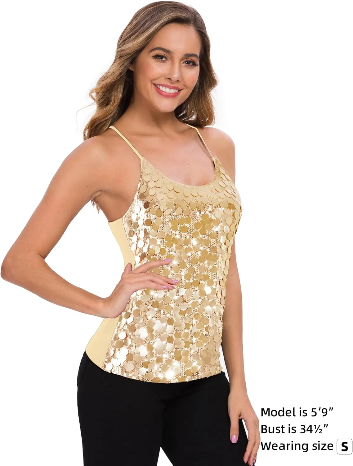 MANER Womens Sequin Tops Glitter Party Strappy Tank Top Sparkle Cami