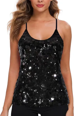 MANER Womens Sequin Tops Glitter Party Strappy Tank Top Sparkle Cami