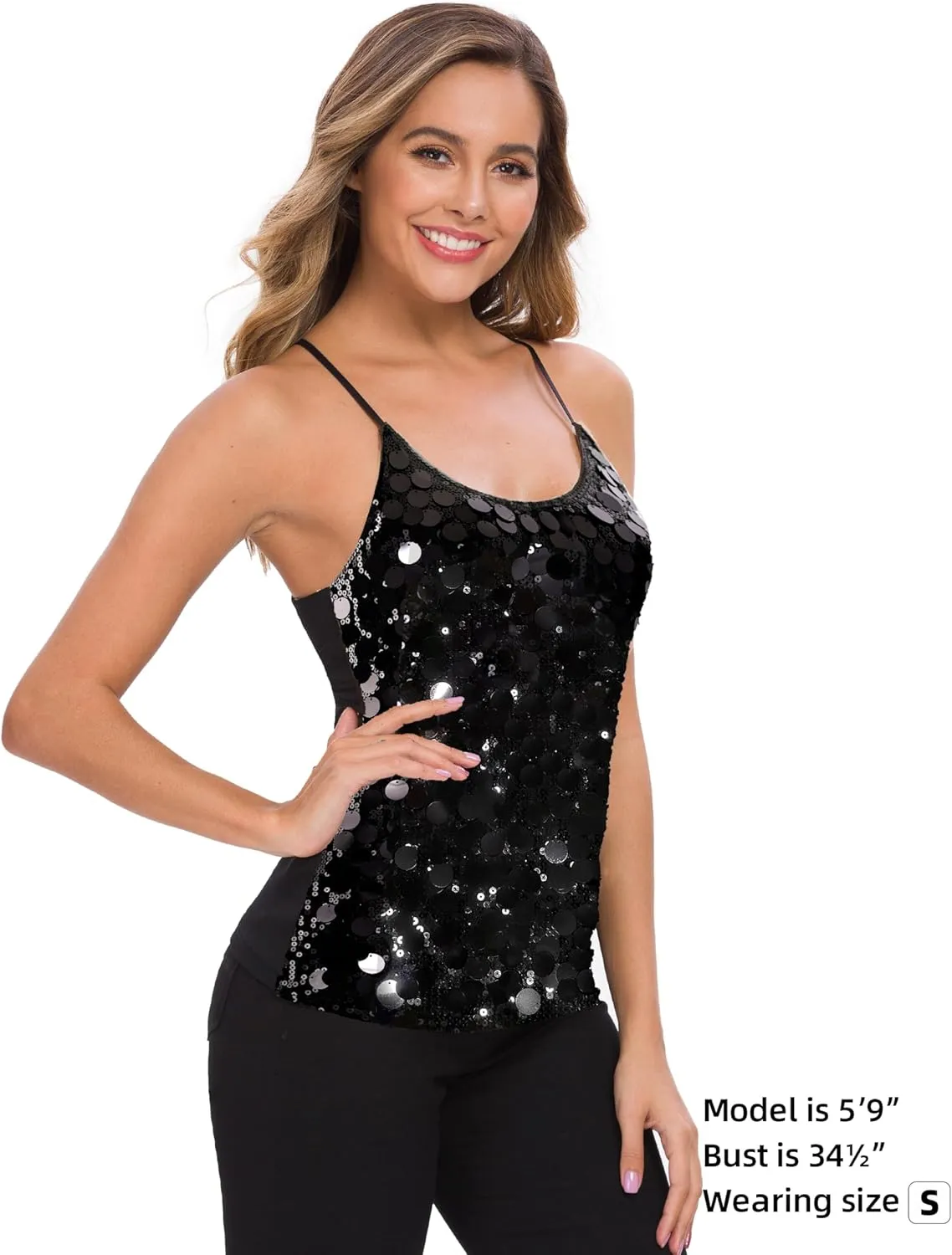 MANER Womens Sequin Tops Glitter Party Strappy Tank Top Sparkle Cami