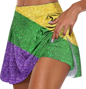 Mardi Gras Skirt Skorts for Womens Elastic High Waisted Workout Tennis Golf Skirts Athletic Running Sports Skirt Shorts