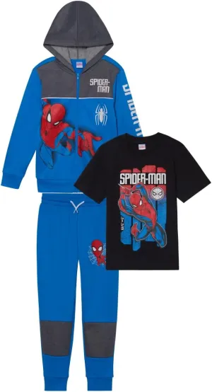 Marvel Spider-Man Boys 3-Piece Fleece Pants Sets, Peter Parker Miles Morales Zip-Up Hoodie, T-Shirt, Pants Sets for Boys