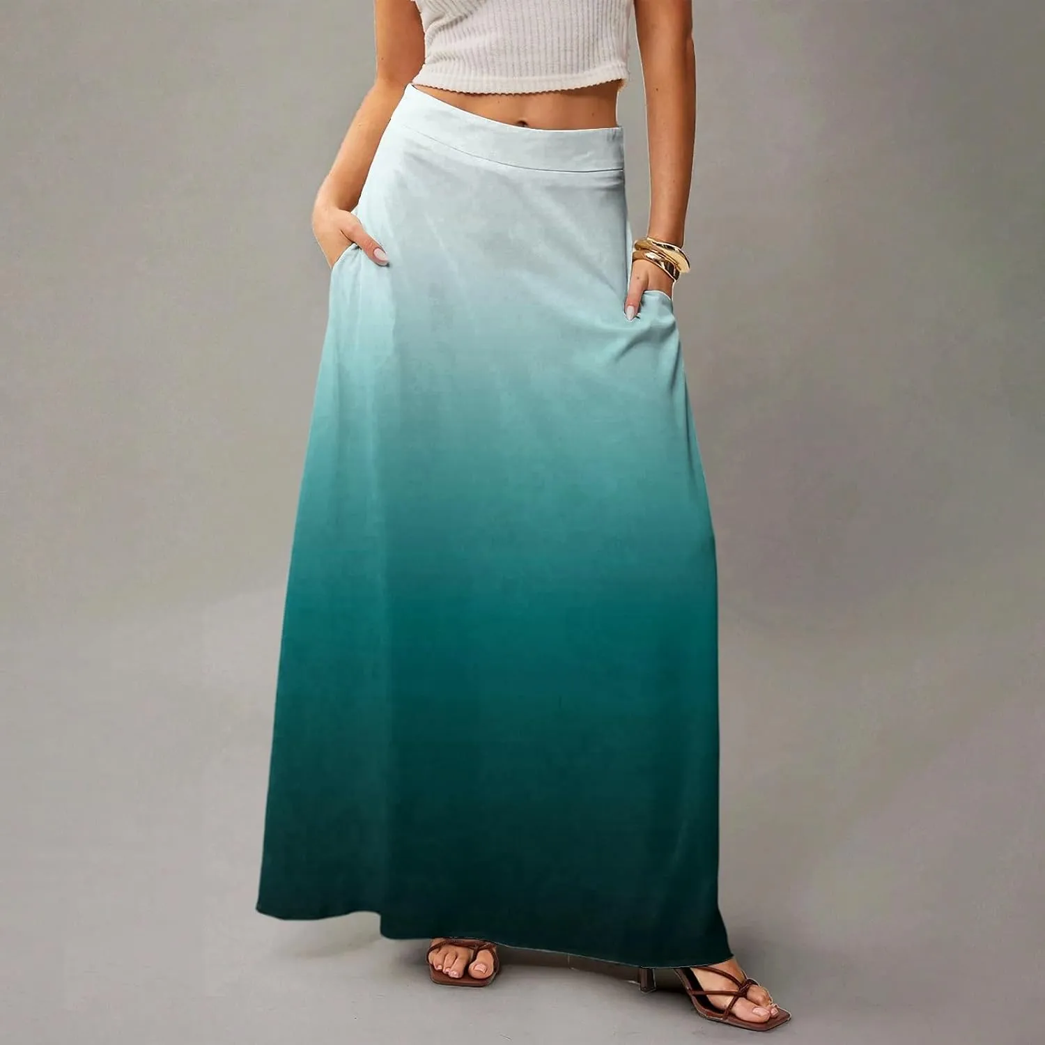 Maxi Skirts for Women Summer Floral Boho Elastic High Waist Tropical Skirts Pleated A-Line Flowy Swing Long Skirt
