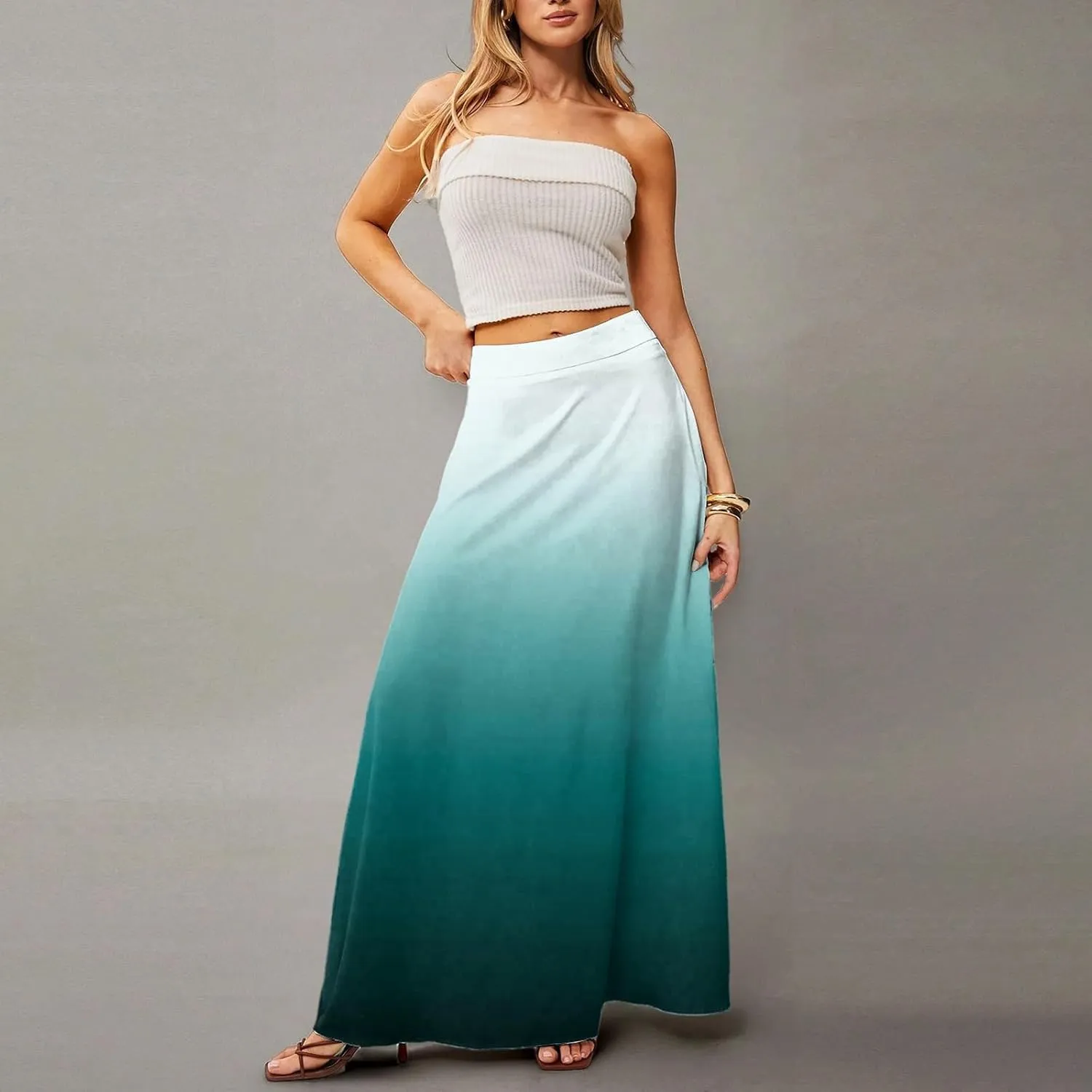 Maxi Skirts for Women Summer Floral Boho Elastic High Waist Tropical Skirts Pleated A-Line Flowy Swing Long Skirt