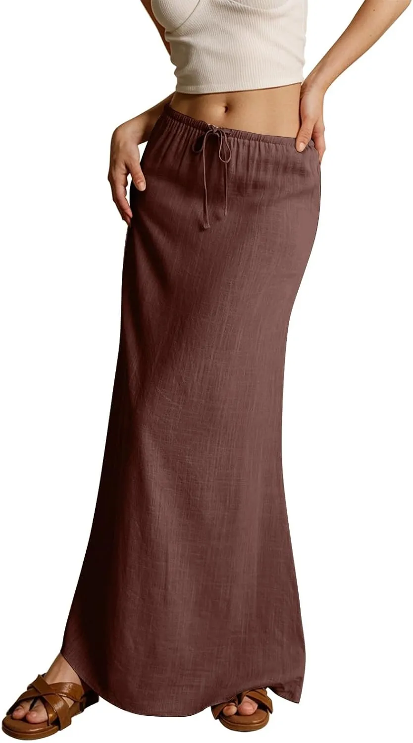 Maxi Skirts for Women Summer Flowy Linen Skirt A-line Elastic Waist Drawstring Low Rise Floor Ankle Length Long Skirts
