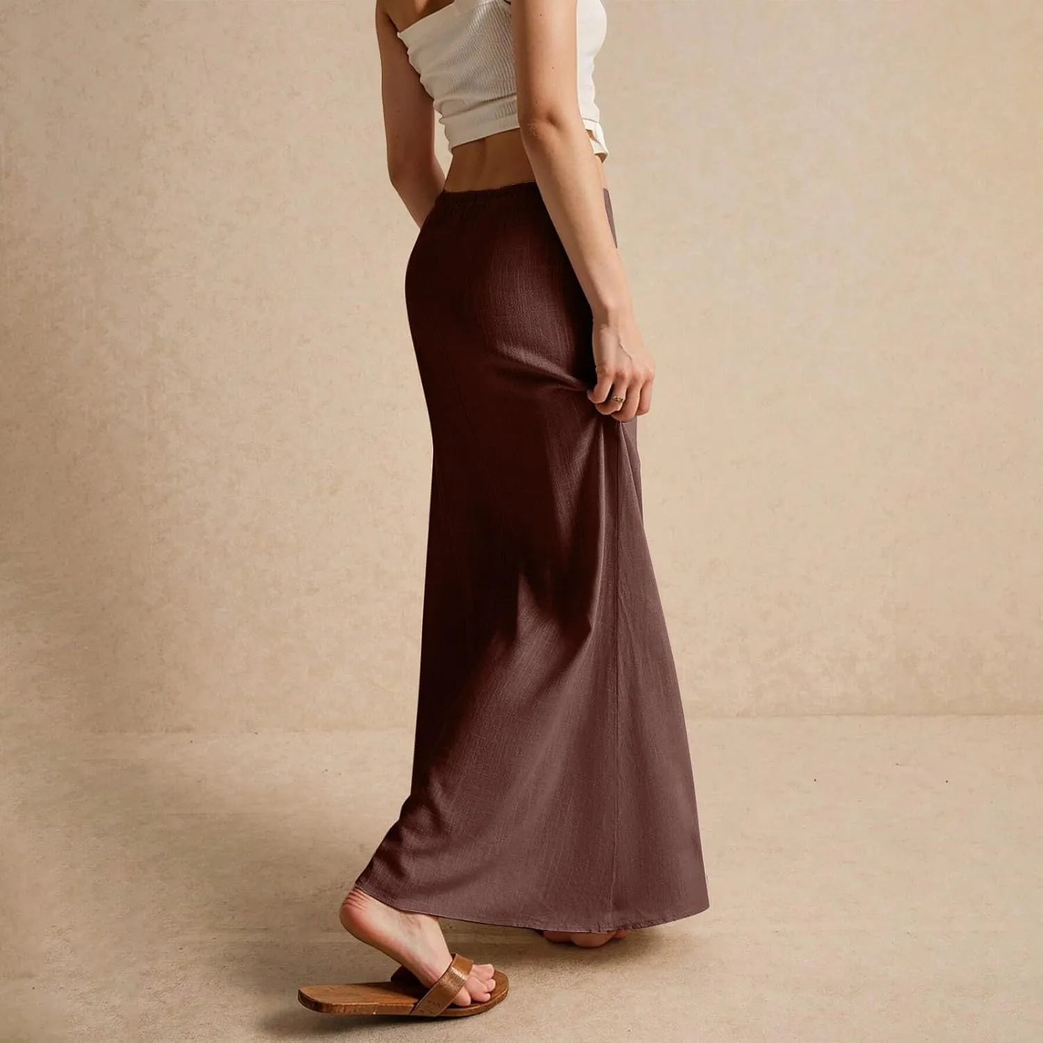 Maxi Skirts for Women Summer Flowy Linen Skirt A-line Elastic Waist Drawstring Low Rise Floor Ankle Length Long Skirts
