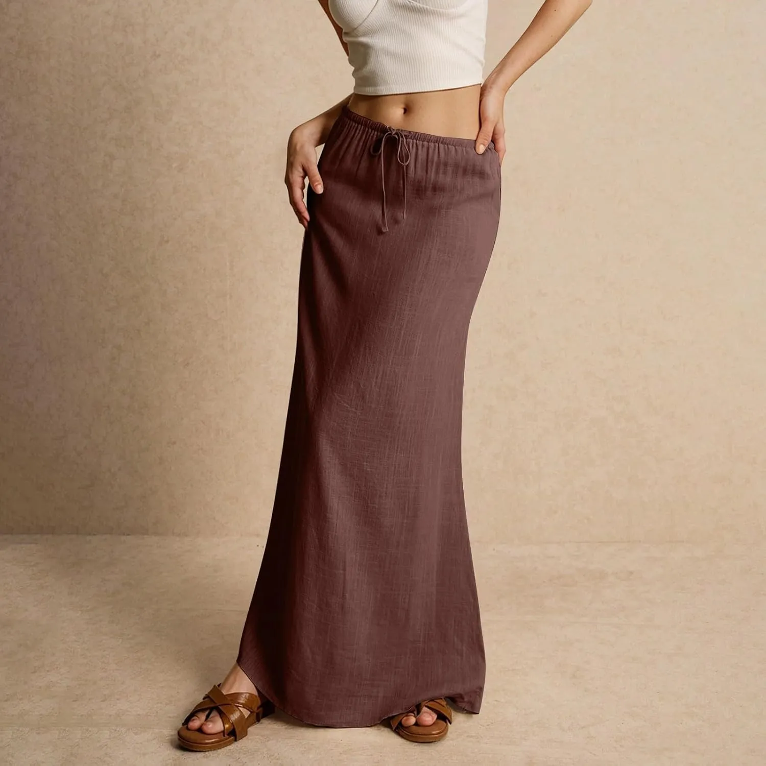 Maxi Skirts for Women Summer Flowy Linen Skirt A-line Elastic Waist Drawstring Low Rise Floor Ankle Length Long Skirts