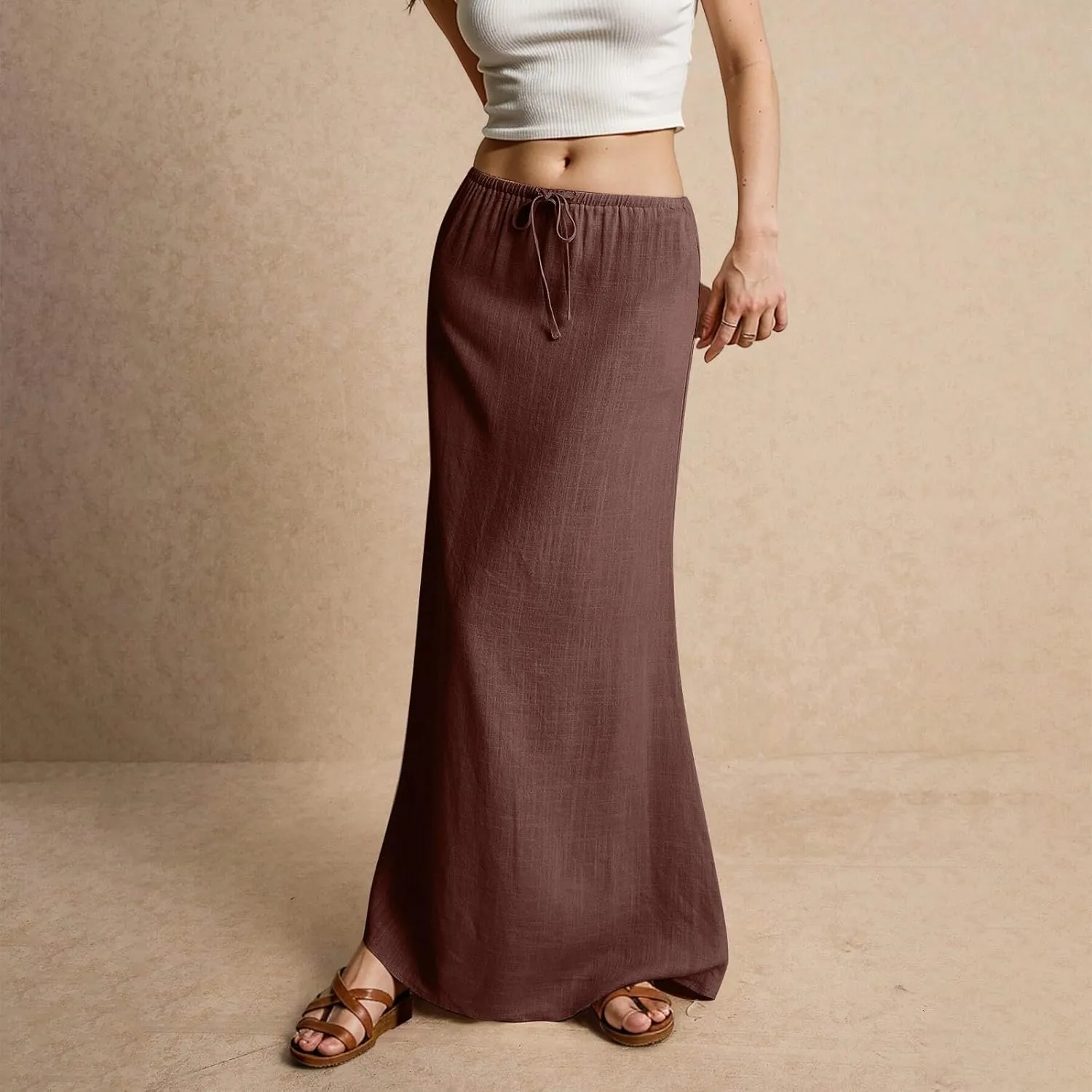 Maxi Skirts for Women Summer Flowy Linen Skirt A-line Elastic Waist Drawstring Low Rise Floor Ankle Length Long Skirts