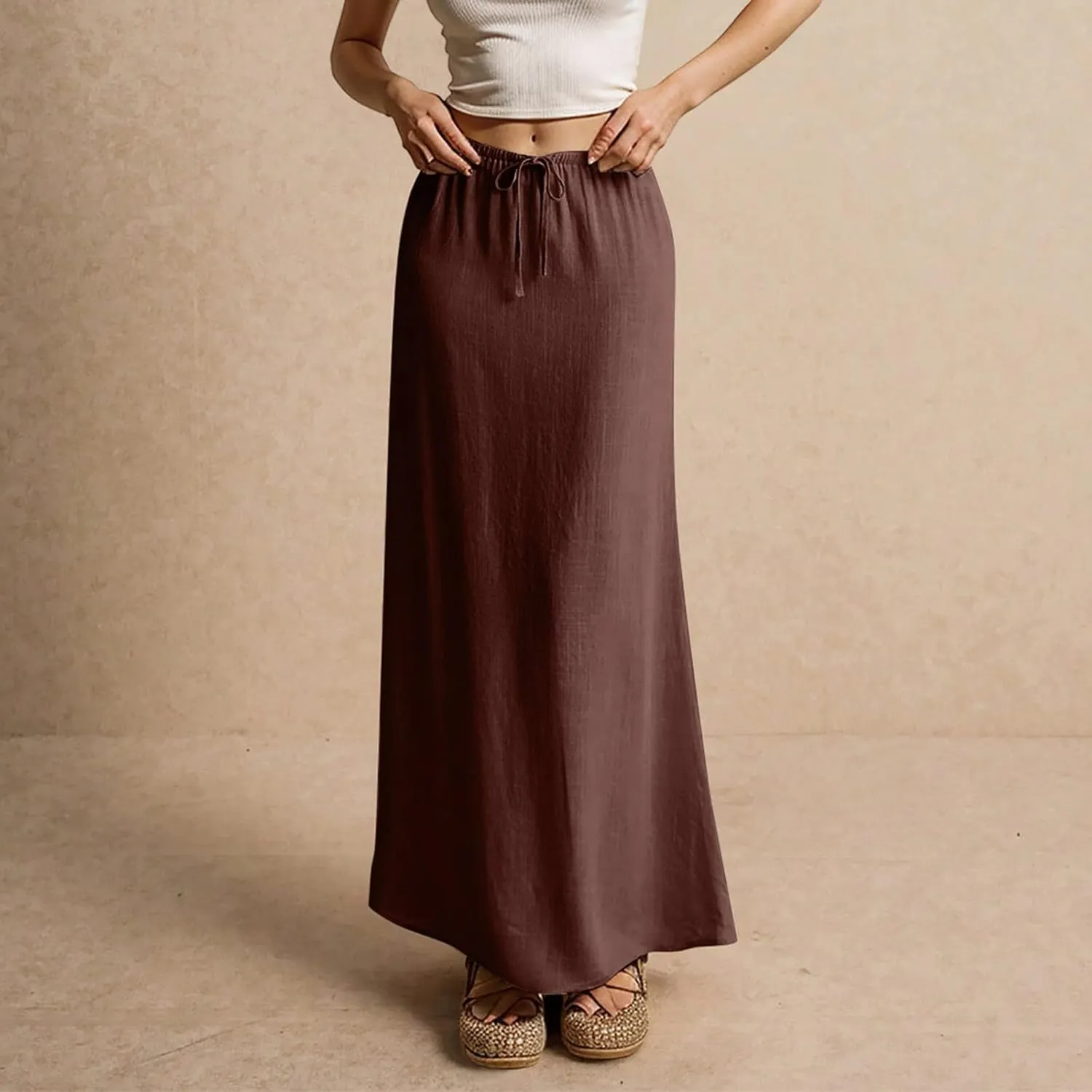 Maxi Skirts for Women Summer Flowy Linen Skirt A-line Elastic Waist Drawstring Low Rise Floor Ankle Length Long Skirts