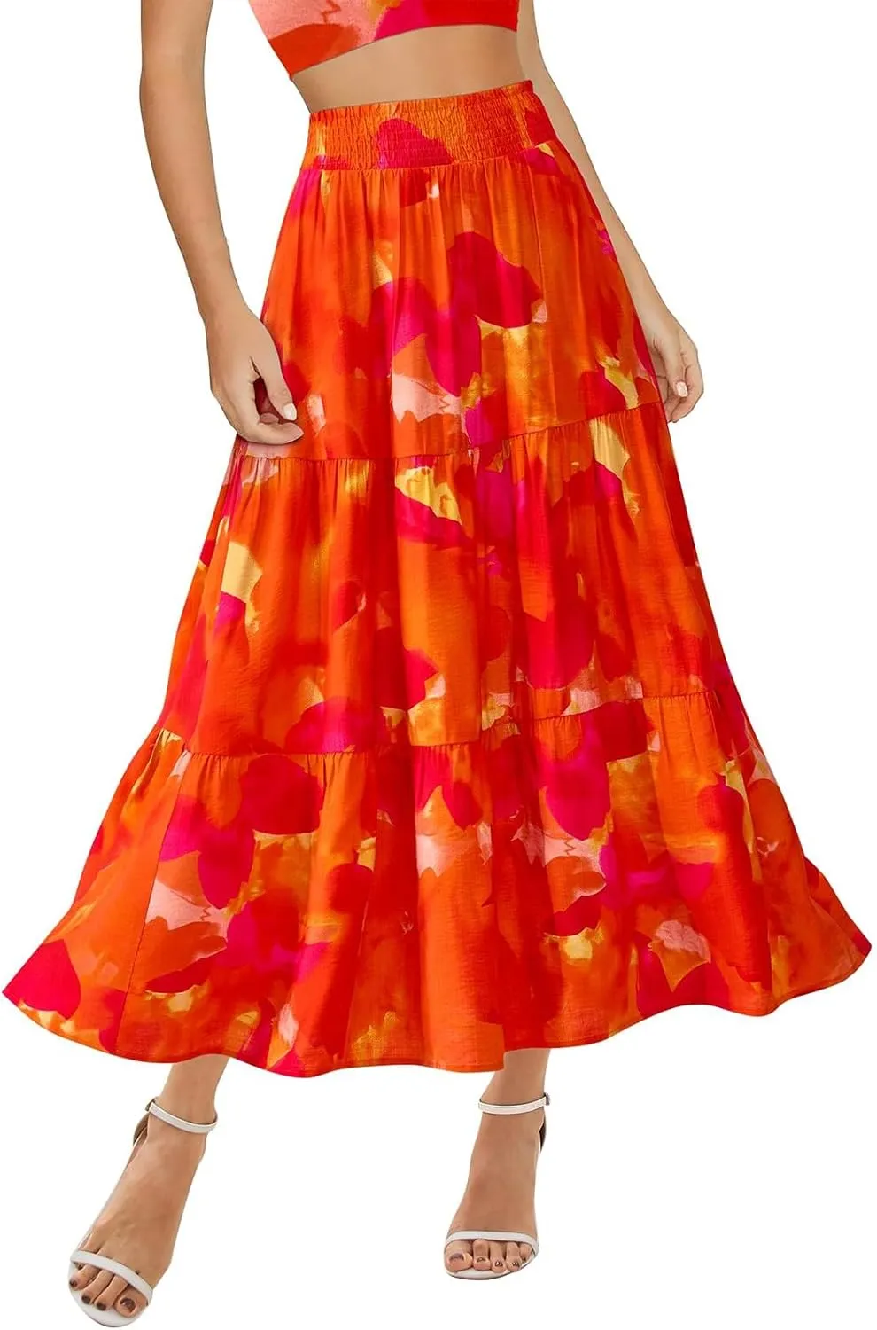 Maxi Skirts for Women Trendy High Waisted Tiered Boho Long Floral Skirt Cute Ruffle Pleated Beach A Line Flowy Skirt