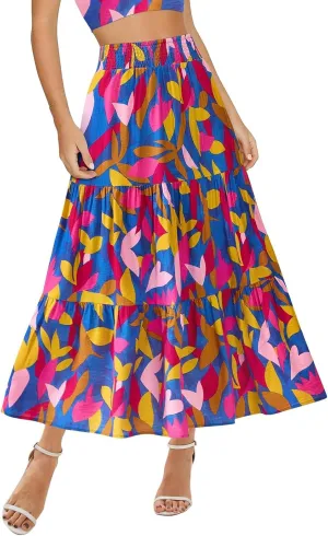 Maxi Skirts for Women Trendy High Waisted Tiered Boho Long Floral Skirt Cute Ruffle Pleated Beach A Line Flowy Skirt