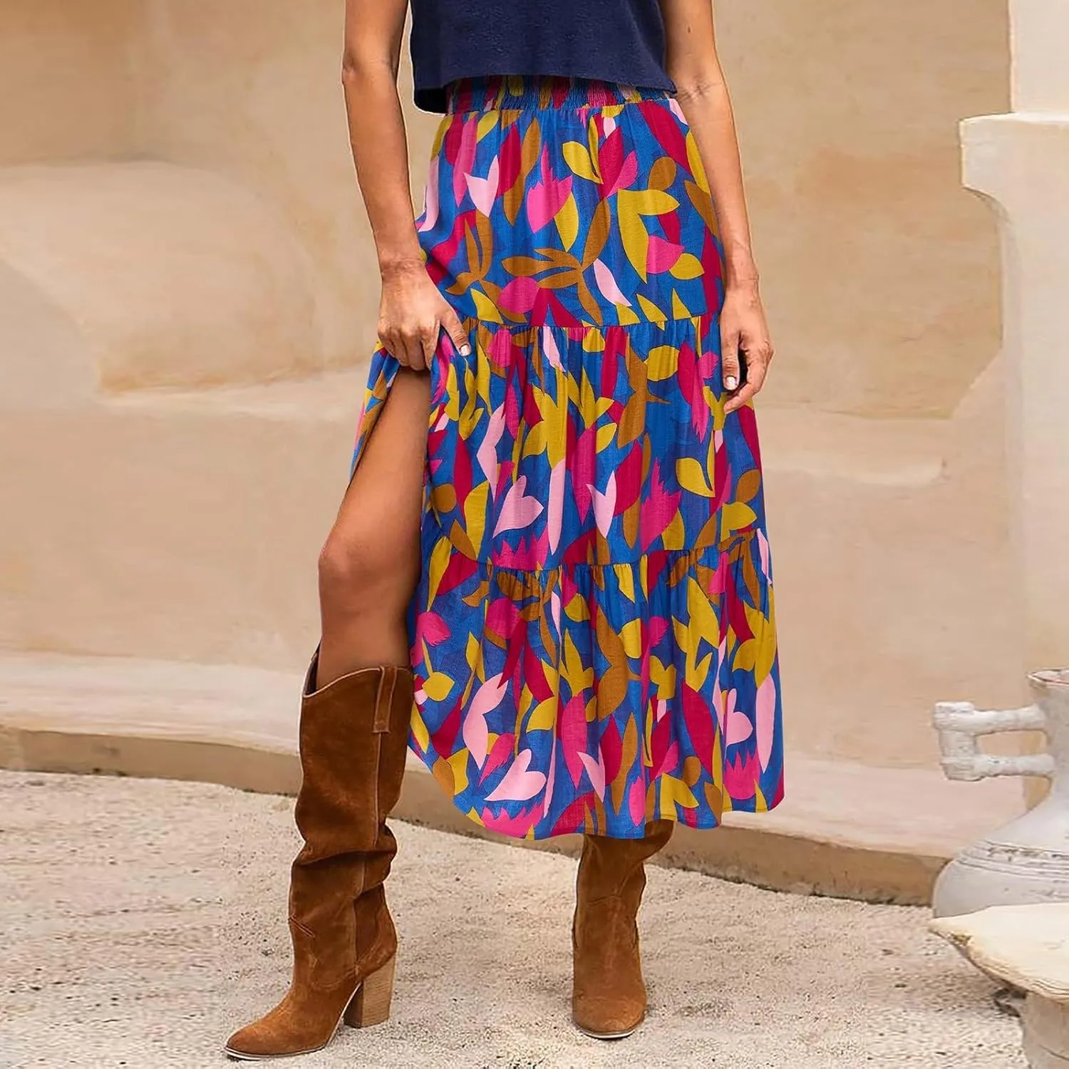 Maxi Skirts for Women Trendy High Waisted Tiered Boho Long Floral Skirt Cute Ruffle Pleated Beach A Line Flowy Skirt