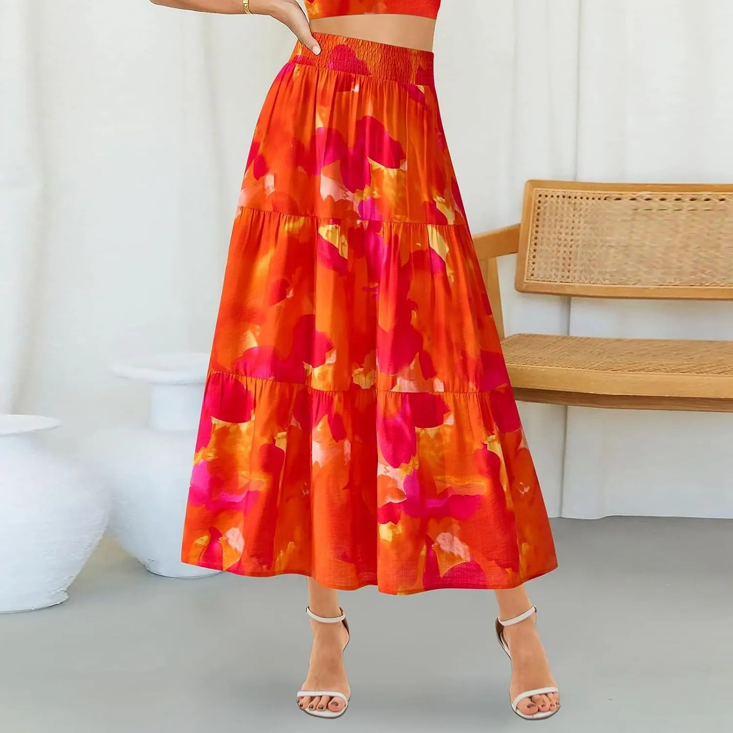 Maxi Skirts for Women Trendy High Waisted Tiered Boho Long Floral Skirt Cute Ruffle Pleated Beach A Line Flowy Skirt