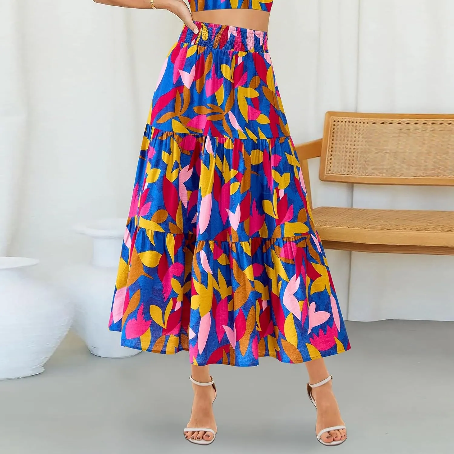 Maxi Skirts for Women Trendy High Waisted Tiered Boho Long Floral Skirt Cute Ruffle Pleated Beach A Line Flowy Skirt