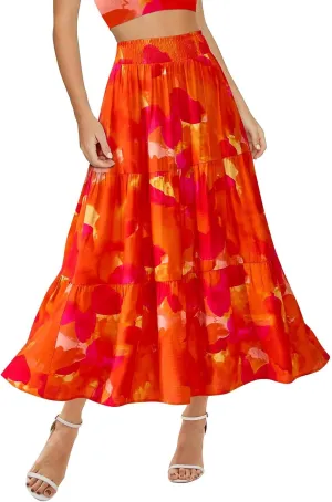 Maxi Skirts for Women Trendy High Waisted Tiered Boho Long Floral Skirt Cute Ruffle Pleated Beach A Line Flowy Skirt
