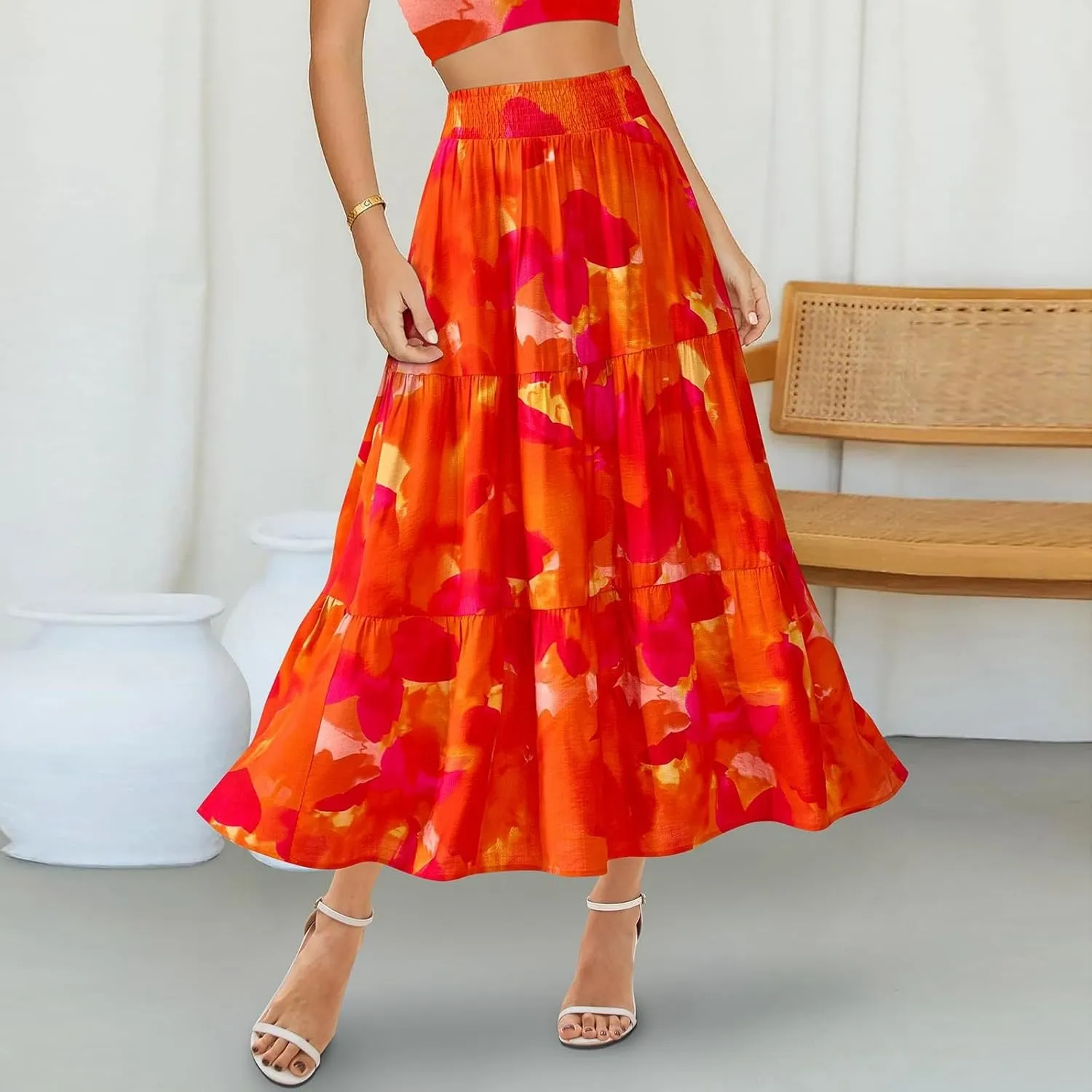 Maxi Skirts for Women Trendy High Waisted Tiered Boho Long Floral Skirt Cute Ruffle Pleated Beach A Line Flowy Skirt