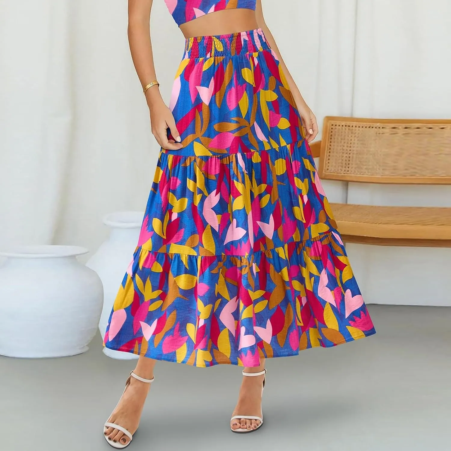 Maxi Skirts for Women Trendy High Waisted Tiered Boho Long Floral Skirt Cute Ruffle Pleated Beach A Line Flowy Skirt