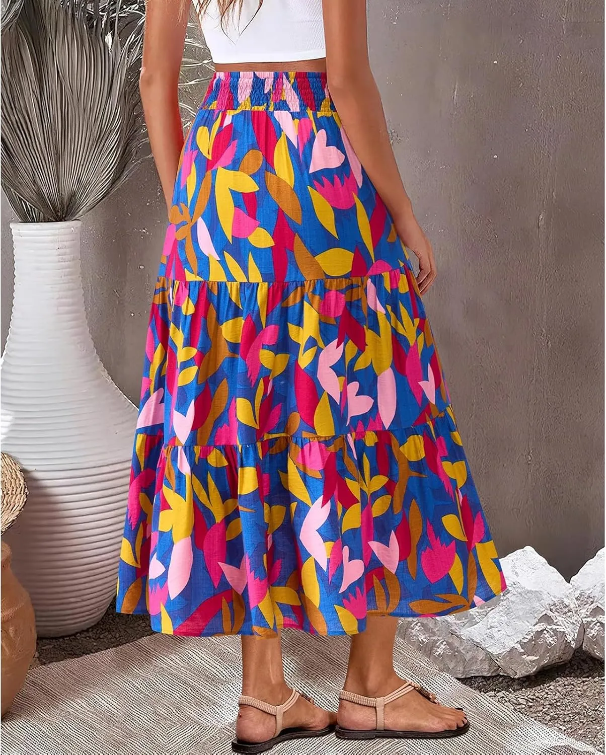 Maxi Skirts for Women Trendy High Waisted Tiered Boho Long Floral Skirt Cute Ruffle Pleated Beach A Line Flowy Skirt