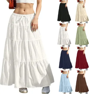 Maxi Skirts for Women Trendy Tiered A-Line Long Skirt Drawstring Elastic Waist Pleated Boho Casual Loose Clothes 2025