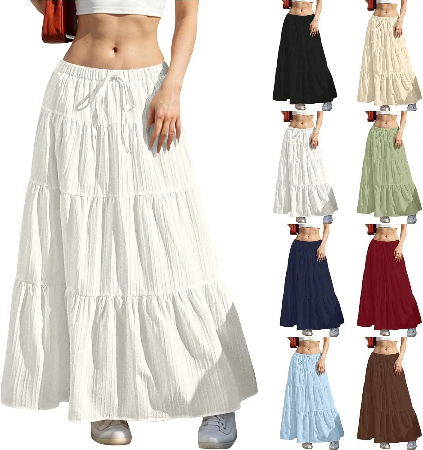 Maxi Skirts for Women Trendy Tiered A-Line Long Skirt Drawstring Elastic Waist Pleated Boho Casual Loose Clothes 2025