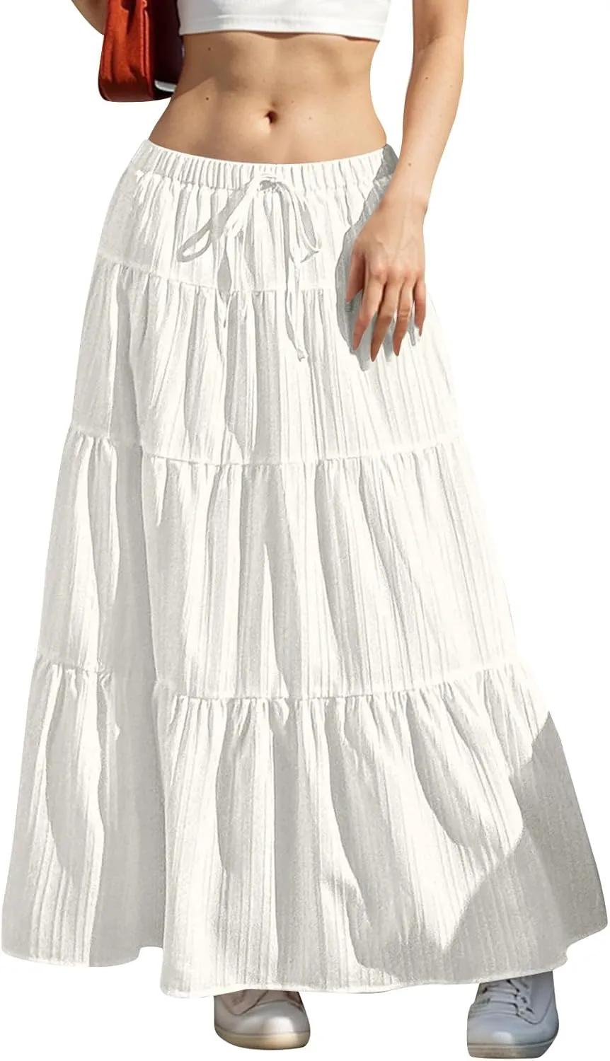 Maxi Skirts for Women Trendy Tiered A-Line Long Skirt Drawstring Elastic Waist Pleated Boho Casual Loose Clothes 2025