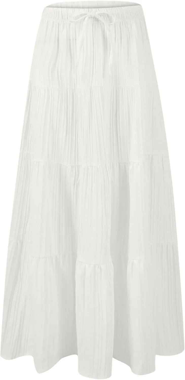 Maxi Skirts for Women Trendy Tiered A-Line Long Skirt Drawstring Elastic Waist Pleated Boho Casual Loose Clothes 2025