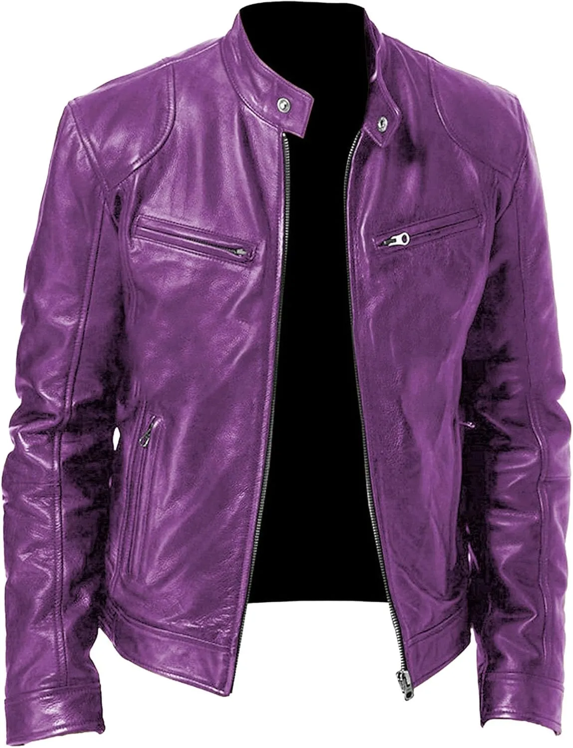Men Leather Motorcycle Jacket Stand Collar Faux Leather Jackets Zip-Up Slim Fit Biker Coat