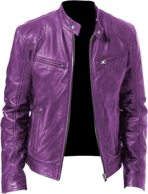 Men Leather Motorcycle Jacket Stand Collar Faux Leather Jackets Zip-Up Slim Fit Biker Coat