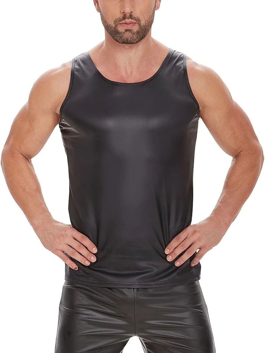 Men Shiny Leather Tank Top, Soft Matte, Male Thin Casual Vest
