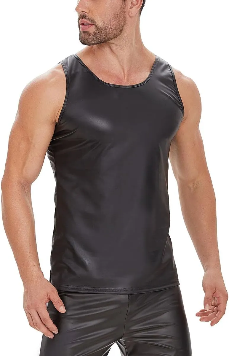 Men Shiny Leather Tank Top, Soft Matte, Male Thin Casual Vest