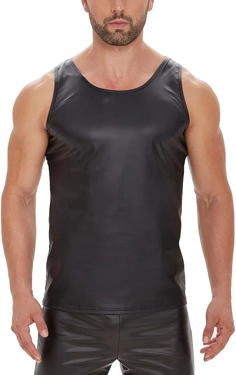 Men Shiny Leather Tank Top, Soft Matte, Male Thin Casual Vest