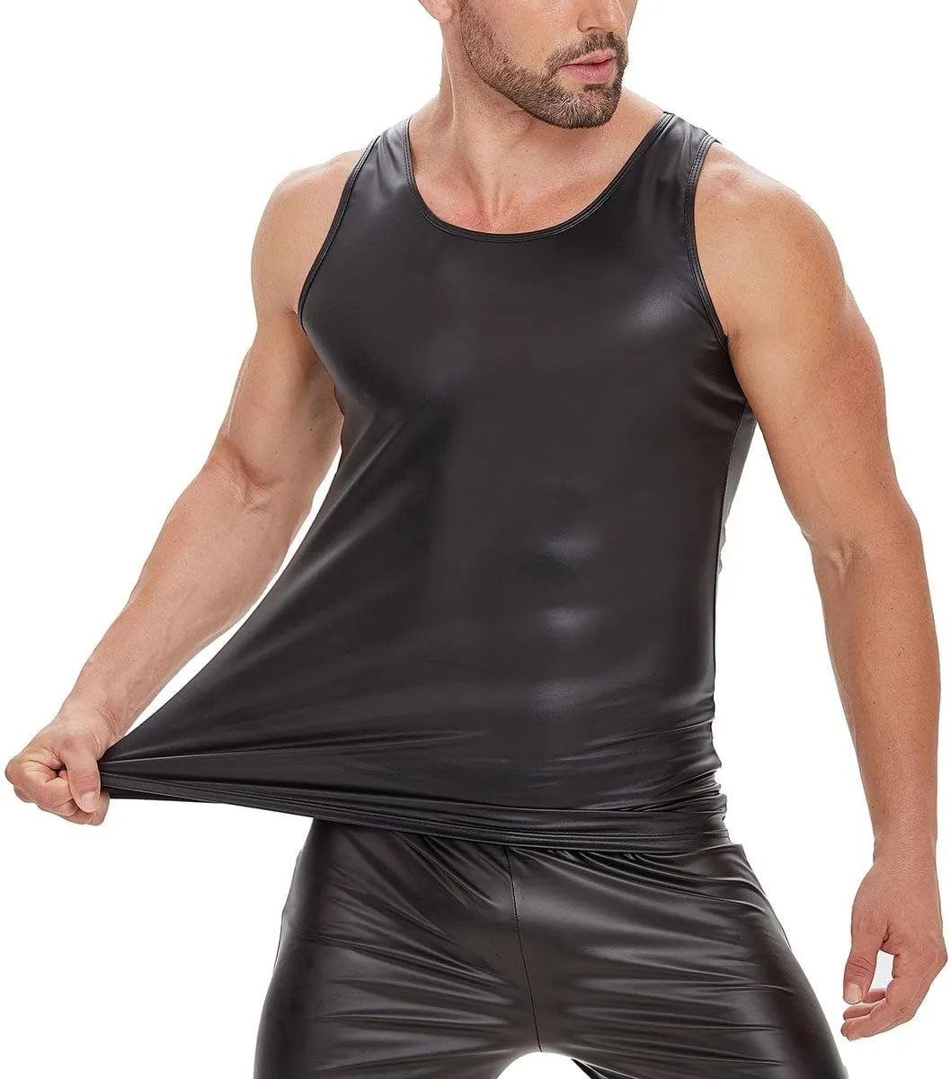 Men Shiny Leather Tank Top, Soft Matte, Male Thin Casual Vest