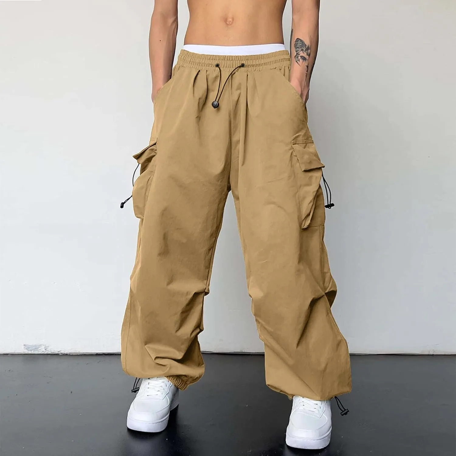 Men's Baggy Cargo Pants Casual Parachute Cargo Pants Elasticated Waist Loose Fit Outdoor Joggers Multi Pockets