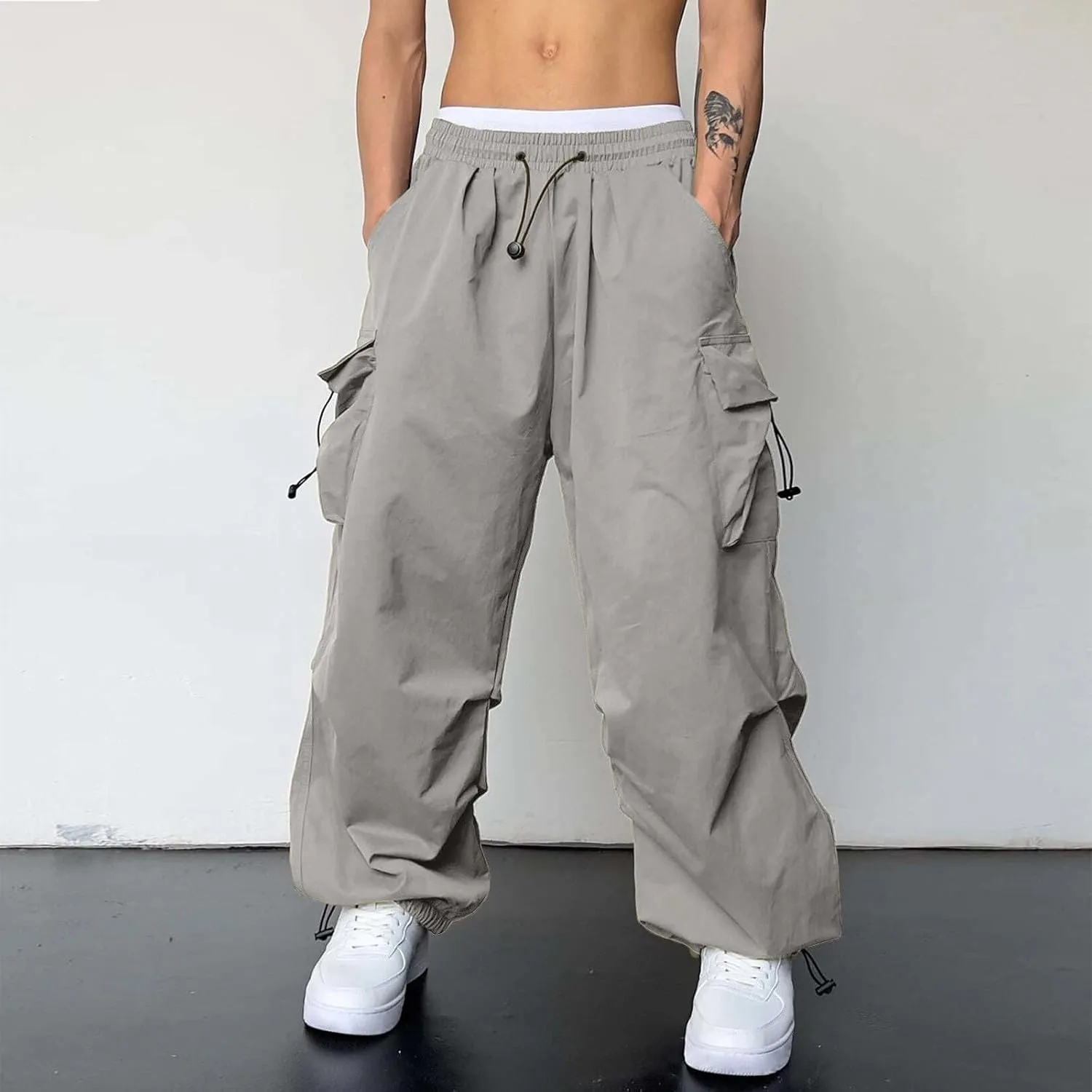 Men's Baggy Cargo Pants Casual Parachute Cargo Pants Elasticated Waist Loose Fit Outdoor Joggers Multi Pockets