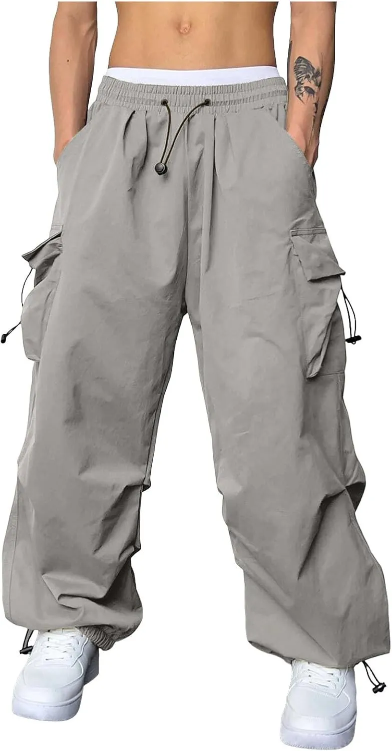 Men's Baggy Cargo Pants Casual Parachute Cargo Pants Elasticated Waist Loose Fit Outdoor Joggers Multi Pockets