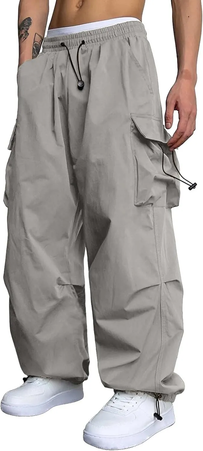 Men's Baggy Cargo Pants Casual Parachute Cargo Pants Elasticated Waist Loose Fit Outdoor Joggers Multi Pockets