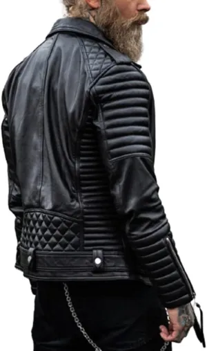 Mens Black Quilted Motorcycle Jacket | Black Biker Leather Jacket For Men | Brando Vintage Jacket