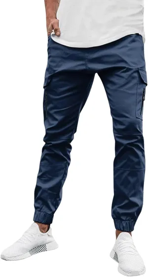 Mens Cargo Pants Stretch Zip Casual Stylish Lightweight Slim Fit Solid Pants Outdoor Sports Yoga Trousers with Pockets