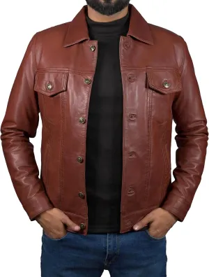 Mens Classic Vintage Shirt Style Real Lambskin Trucker Jacket - Leather Trucker Jackets for Men