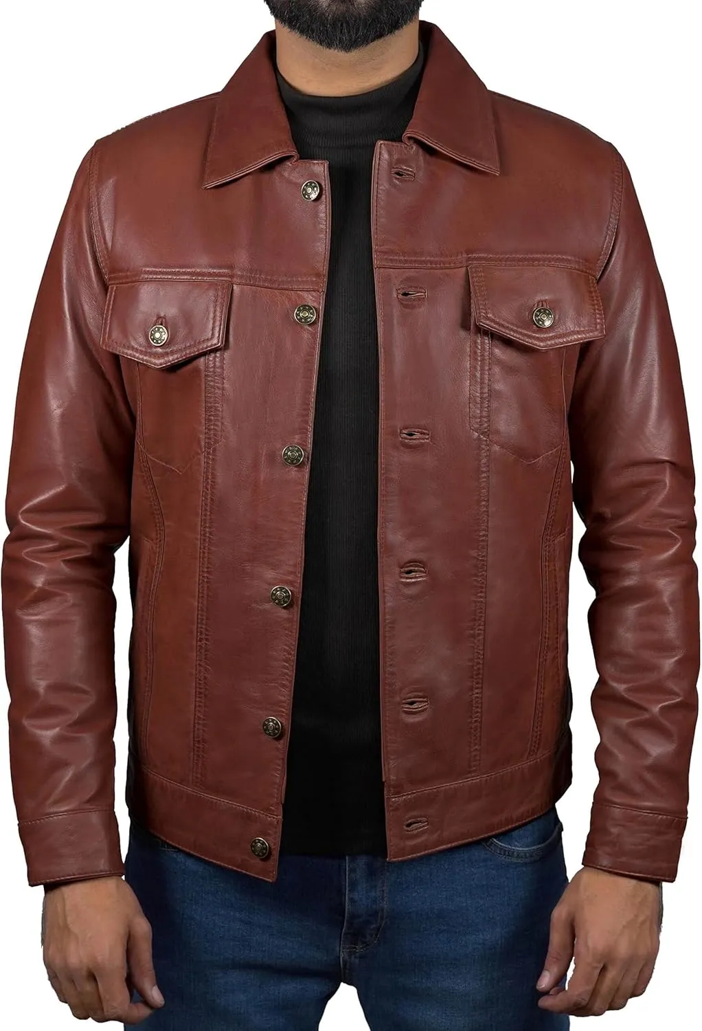 Mens Classic Vintage Shirt Style Real Lambskin Trucker Jacket - Leather Trucker Jackets for Men