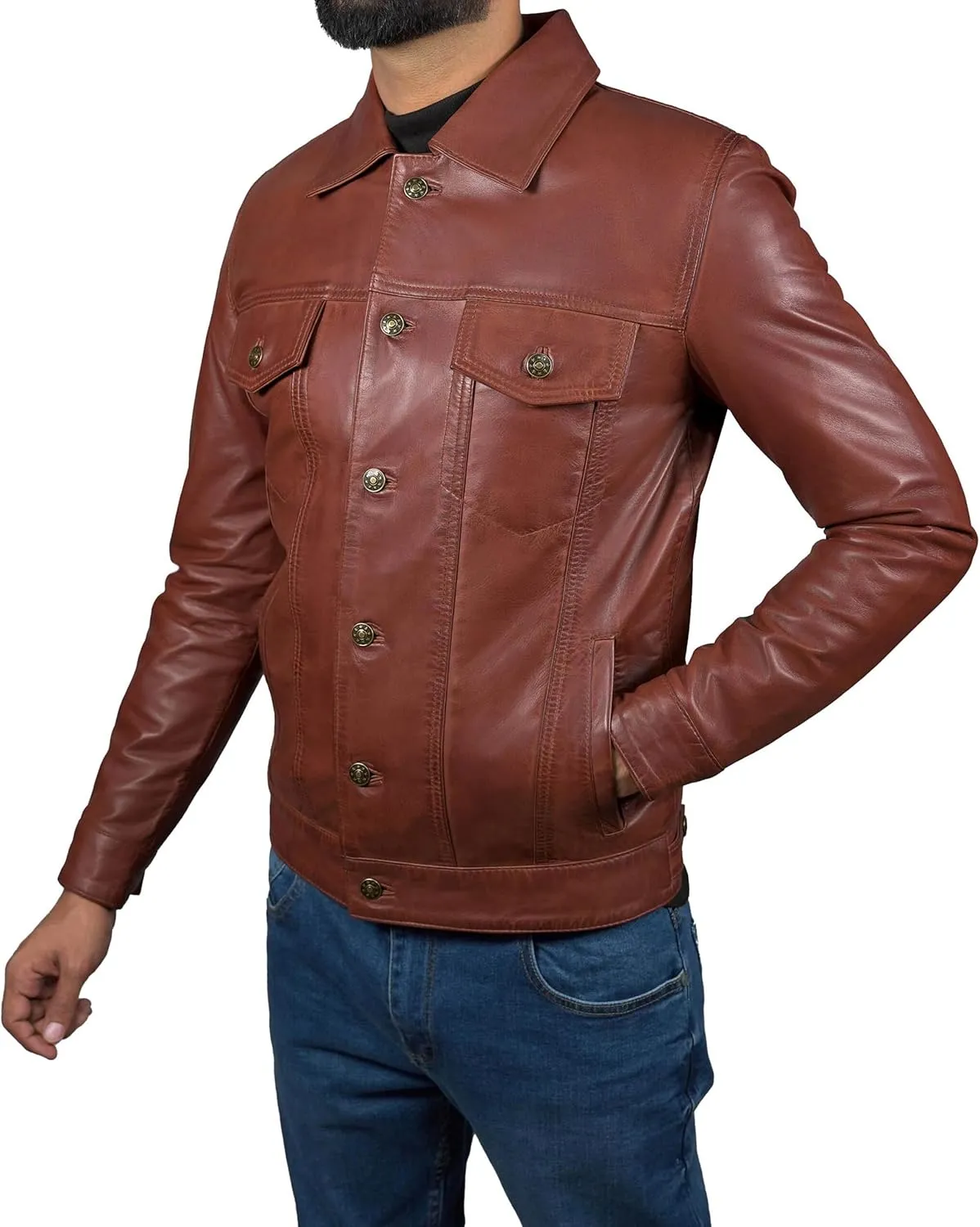 Mens Classic Vintage Shirt Style Real Lambskin Trucker Jacket - Leather Trucker Jackets for Men
