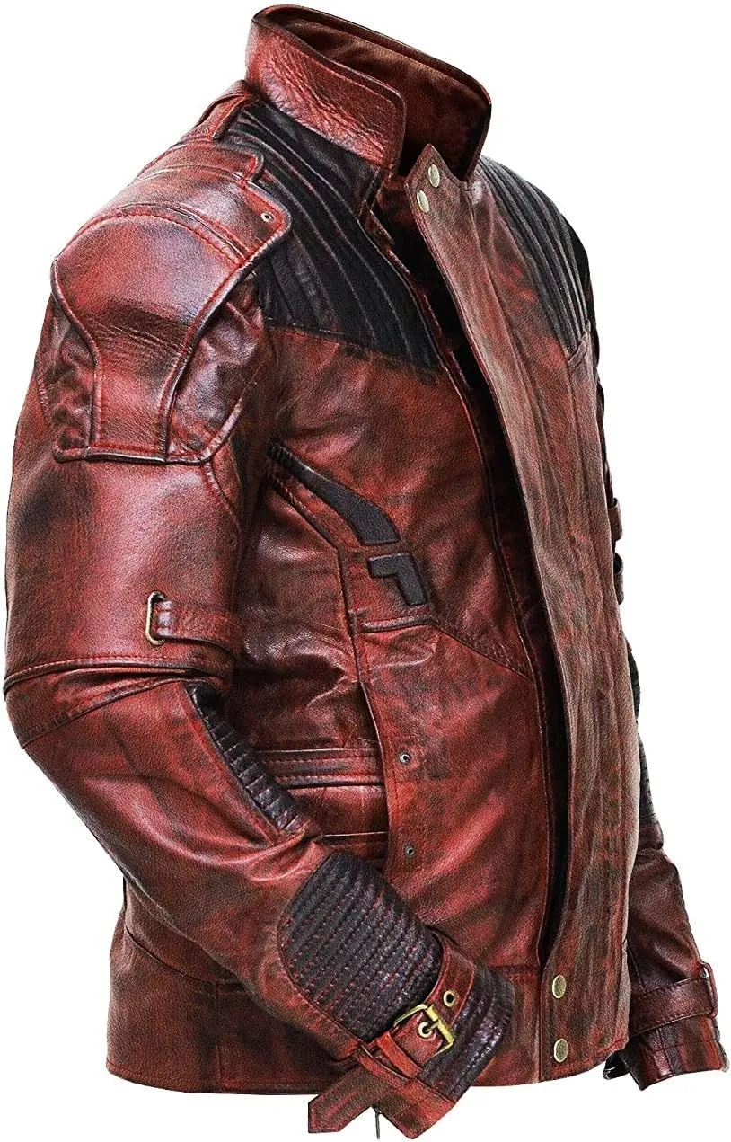 Mens Distressed Red Maroon Leather Jacket  Cosplay Costume Genuine Leather Jacket