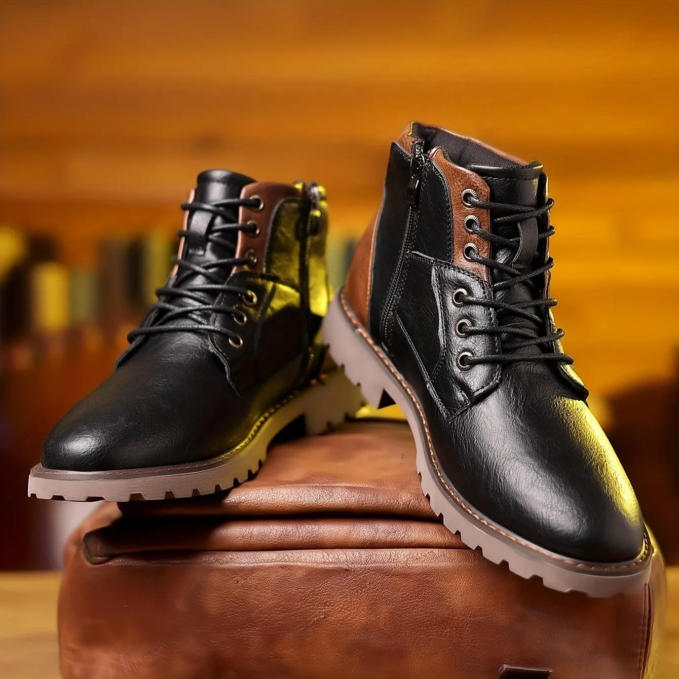 Mens Leather Boots  Lace-Up Ankle Design  Side Zipper  Durable Rubber Sole