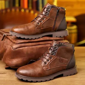 Mens Leather Boots  Lace-Up Ankle Design  Side Zipper  Durable Rubber Sole