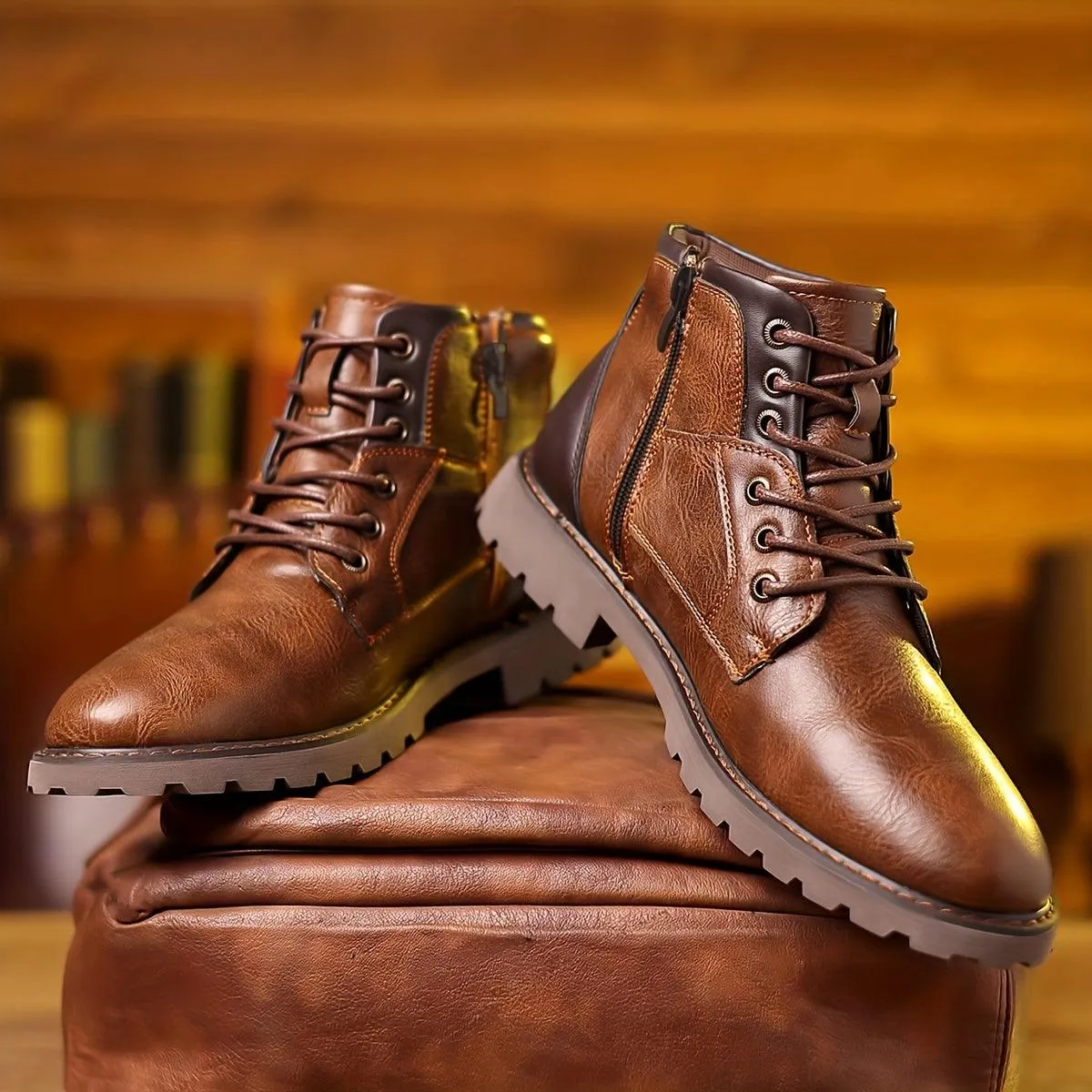 Mens Leather Boots  Lace-Up Ankle Design  Side Zipper  Durable Rubber Sole