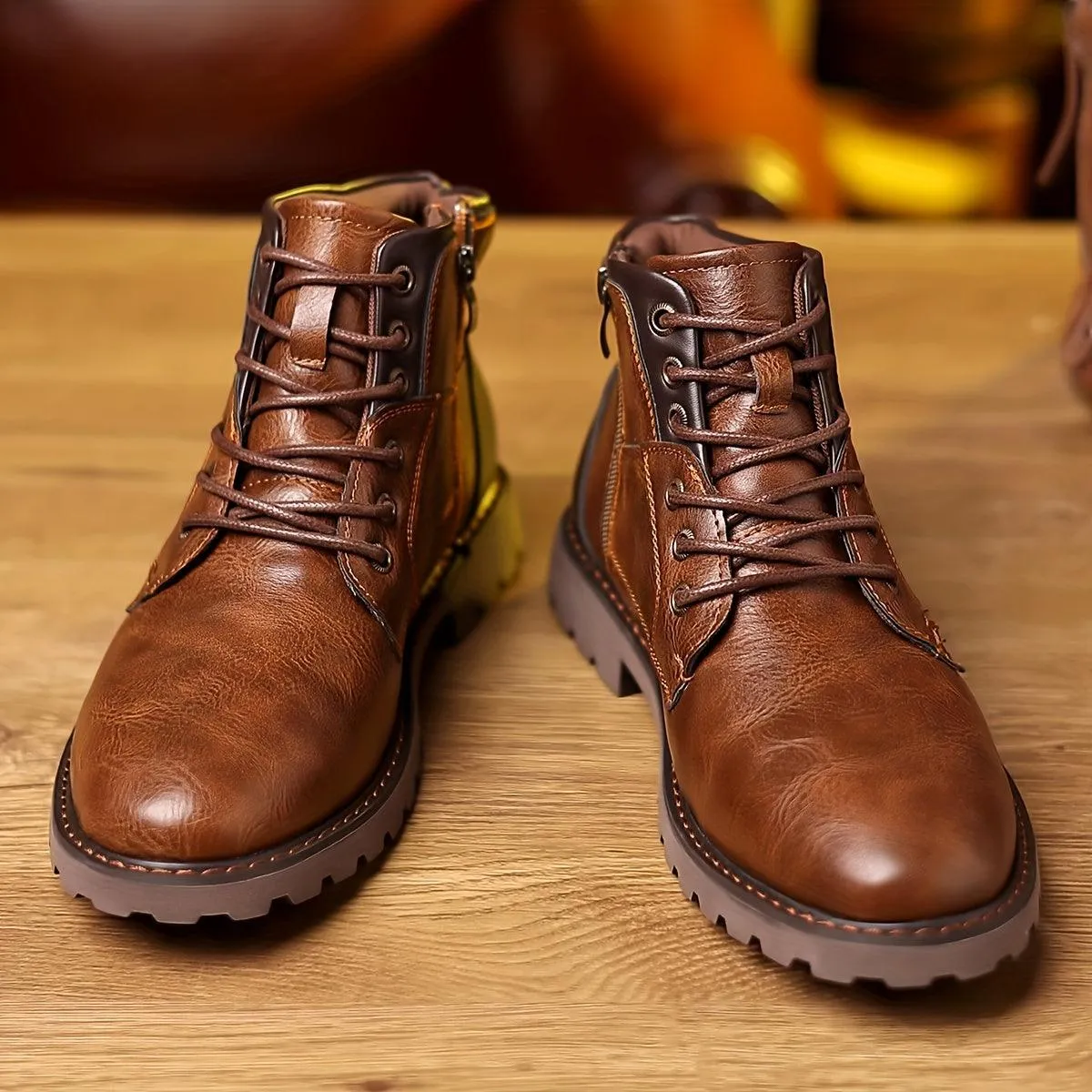 Mens Leather Boots  Lace-Up Ankle Design  Side Zipper  Durable Rubber Sole
